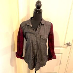 The Kooples denim shirt with plaid sleeves